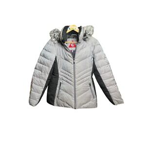 Gerry Puffer Jacket Sparkle Metallic Faux Fur Hood Gray Black Women's Size S